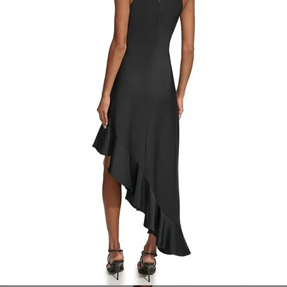 New Karl Lagerfeld Satin Halter Mock Neck Sleeveless Asymmetrical Hem Midi Dress - Picture 4 of 4